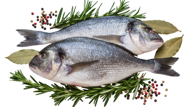 Two fresh sea bream fish with rosemary bay leaves, and peppercorns