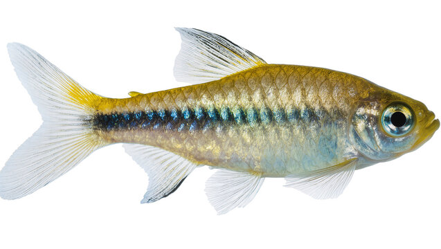 Small golden fish with blue stripe and white fins
