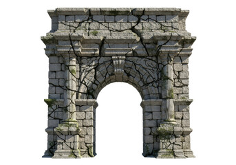 Obraz premium Monumental ancient roman triumphal arch, weathered granite, deep cracks, lichen, strong key light, isolated on transparent background. Concept of historical decay and gateway portal