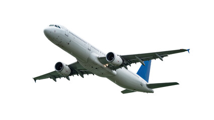 Fototapeta premium White passenger jet airplane with blue tail flying