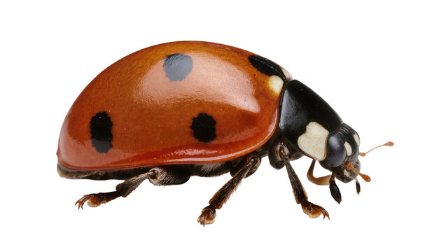 Orange ladybug with black spots on white