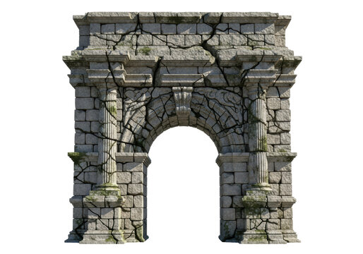 Monumental ancient roman triumphal arch, weathered granite, deep cracks, lichen, strong key light, isolated on transparent background. Concept of historical decay and gateway portal