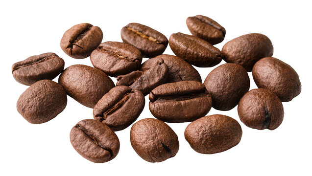 Roasted coffee beans pile, dark brown arabica seeds
