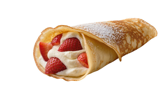 Crepe with whipped cream and fresh strawberries dusted with powdered sugar