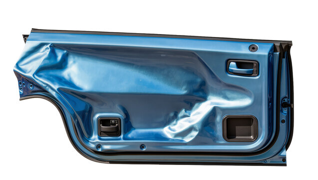 Blue metallic car door interior panel with handles