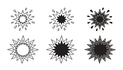 Comic book burst vector illustration collection. Abstract starburst speech bubbles, black silhouettes, liquid splash drops, transparent background. © Mahamuda Studio 