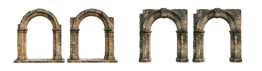 Obraz premium Set of weathered stone archways with classic architectural details isolated on transparent background