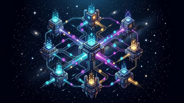 Futuristic digital network processing data in deep space