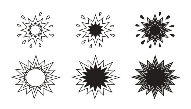 Comic book burst vector illustration collection. Abstract starburst speech bubbles, black silhouettes, liquid splash drops, transparent background.