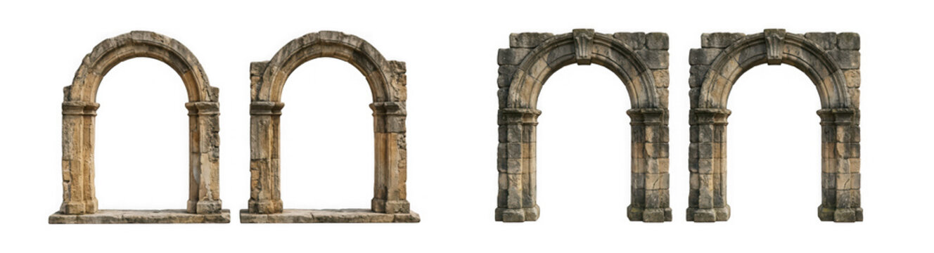Set of weathered stone archways with classic architectural details isolated on transparent background