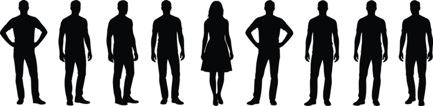 Human silhouette lineup, gender contrast pose, diverse standing figures, posture variation set, minimal vector illustration, character design reference