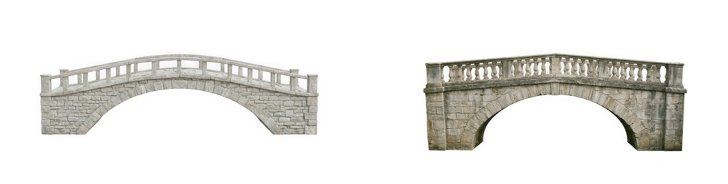 Old stone arched bridge with balustrade, isolated on transparent background