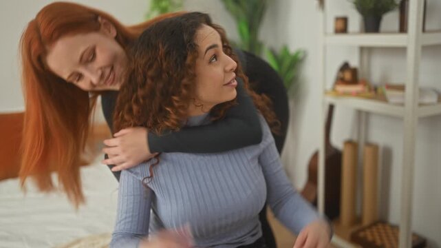 Two women hugging on bed in building, one wraps arms around friend's shoulders and they laugh together; friendship joy.
