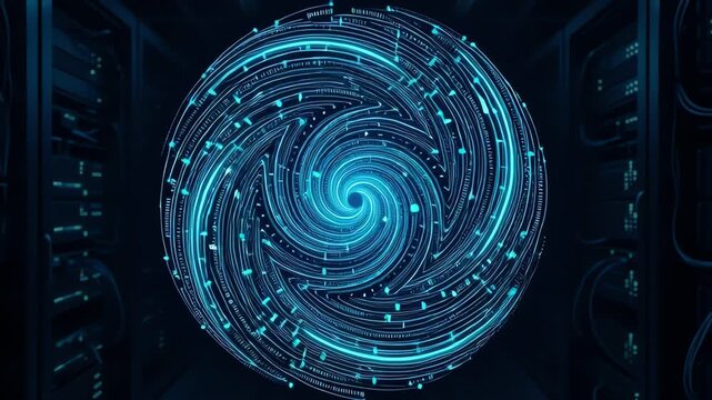 Glowing blue digital vortex rotating in a futuristic server room