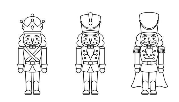 Christmas nutcracker soldier vector illustration set. Traditional wooden toy figures, linear outlines, black contours, holiday ornaments, transparent background.