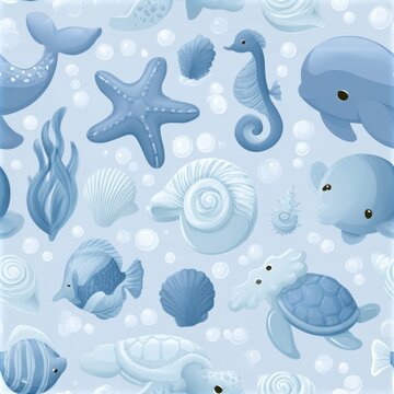 Cute Blue Underwater Life Seamless Pattern for Kids and Babies Design
