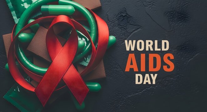 World aids day awareness red ribbon with pills and world map december 1st