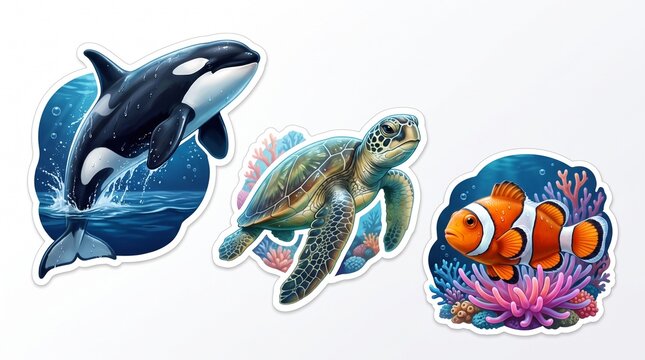 A sticker pack of marine life, featuring a majestic killer whale, a playful sea turtle, and a vibrant clownfish