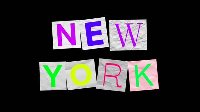 new york spelled out using various newspaper clippings featuring random colorful patterns and artistic collage design