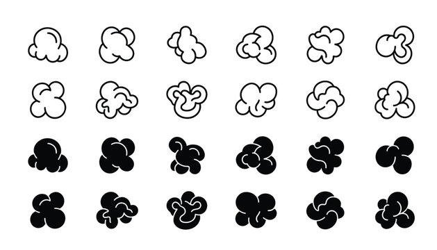 Popcorn kernels vector illustration collection . Puffed corn pieces, black silhouettes, linear outline icons, movie theater snack shapes, white background .