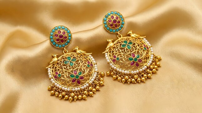 Traditional Gold Chandbali Earrings with Turquoise Ruby Studs and Pearl Fringe on Gold Silk
