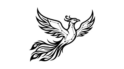 Flying phoenix with celestial constellation stars line art illustration © pecel