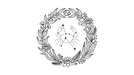 Cancer zodiac sign constellation with crab and floral wreath line art © pecel