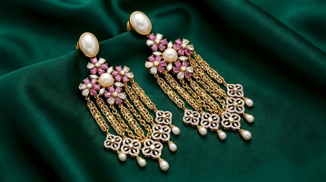 Gold Chain Tassel Earrings with Pink Floral Gems and Pearl Top on Green Velvet