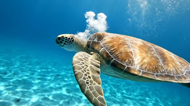 Giant green sea turtle swimming through clear blue tropical ocean water with sunbeams filtering from the surface, bubbles rising, and sandy seabed visible below.