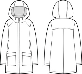 Flat vector hooded parka coat technical fashion sketch front back view © Samiul