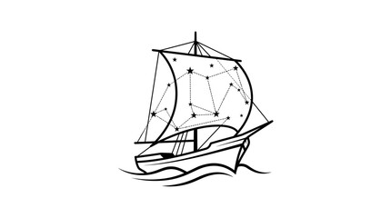 Sailing ship line art illustration with celestial constellation sail © pecel