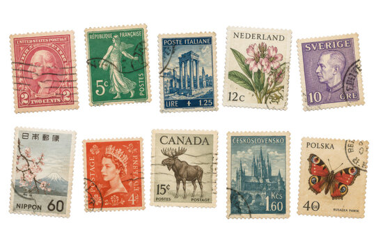 Set of antique world postage stamps, isolated png.