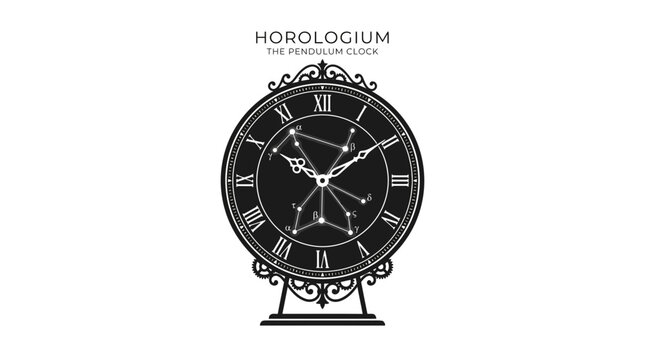 Ornate astronomical clock illustration with constellation and roman numerals