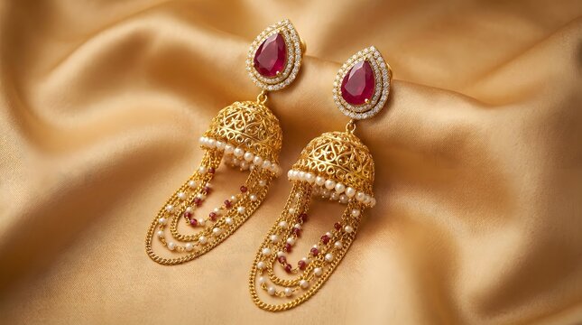 Traditional Gold Jhumka Earrings with Ruby Stud and Pearl Border on Gold Silk