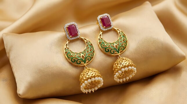 Traditional Gold Jhumka Earrings with Ruby Green Stones and Pearl Dome on Gold Silk