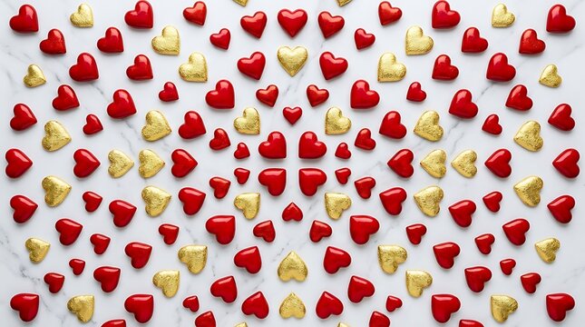 Red and gold heart pattern on white marble background