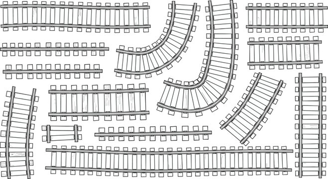 Hand drawn vintage railroad tracks sketch set featuring straight and curved railway line segments for technical diagrams, maps, and engineering illustrations.