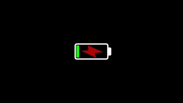 Low battery warning animation with red indicator on black background 4 k.video...