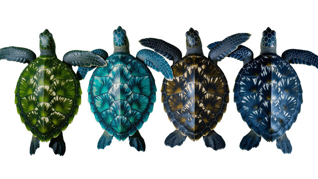 Four colorful sea turtles swimming green blue brown, dark blue