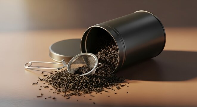 Spilled tea leaves from metal container.