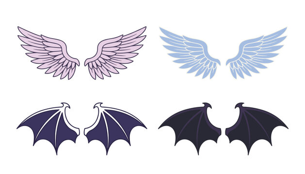 Angel and bat wings vector illustration collection . Feathery pink blue wings, dark spooky demon wings, fantasy costume elements, white background .