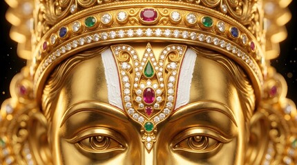 Fototapeta premium Ultra realistic extreme macro close up of the golden statue of Lord Venkateswara filling nearly the entire frame with only the serene divine face upper crown forehead ornament and a small portion of t