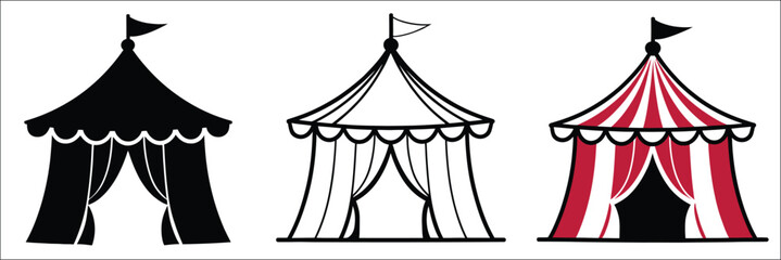 Circus tent icons with solid black, minimal outline, and red white striped styles for carnival, show, and festival themes, vector, designs © Vector Creator