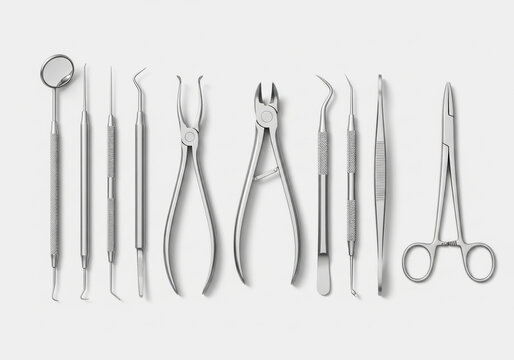 Set of stainless steel dental tools and medical instruments