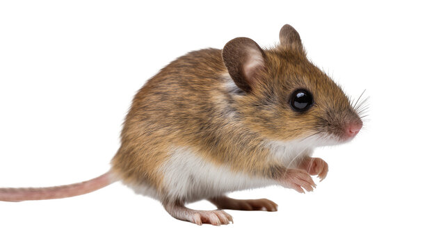 Small brown mouse with white belly and long tail