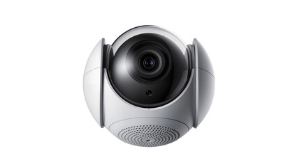 White rotating security camera with dome lens and speaker grille © Rowan