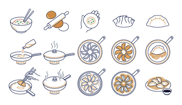 Step by step line icons showing how to cook and prepare gyoza dumplings