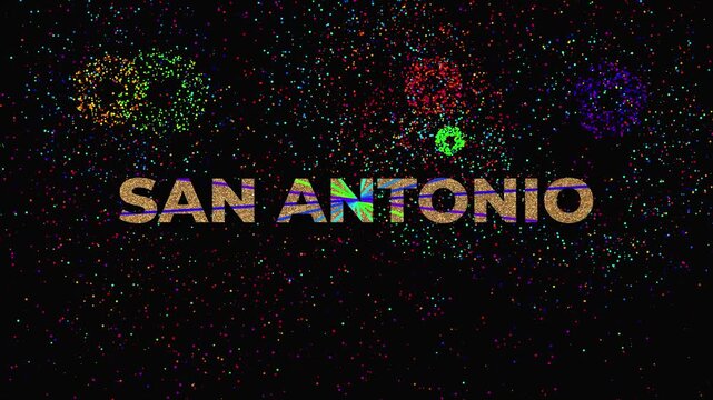 Golden word SANANTONIO growing in size against a deep black background while numerous fireworks explode around it to create a celebratory atmosphere