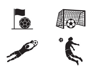 Football Match Action Black Silhouette Vector Icon Set with Goal, Goalkeeper, Corner Flag and Player © sultan