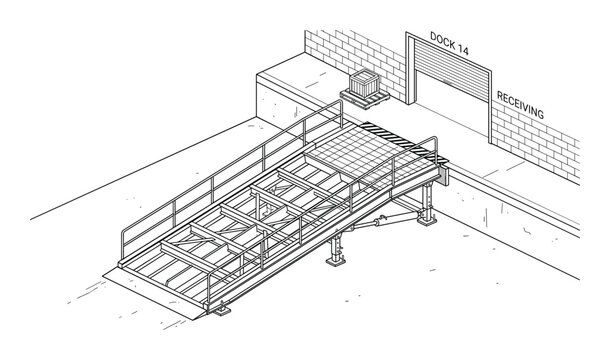 Industrial warehouse loading dock with metal ramp and receiving bay door